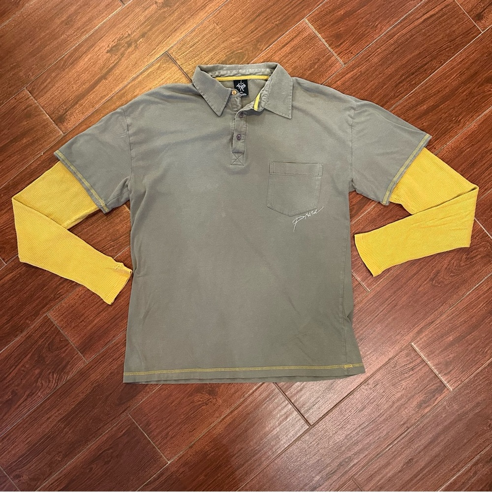 prAna Long Sleeve Pocket Polo Shirt Organic Cotton Gray & Mustard Yellow Size XL